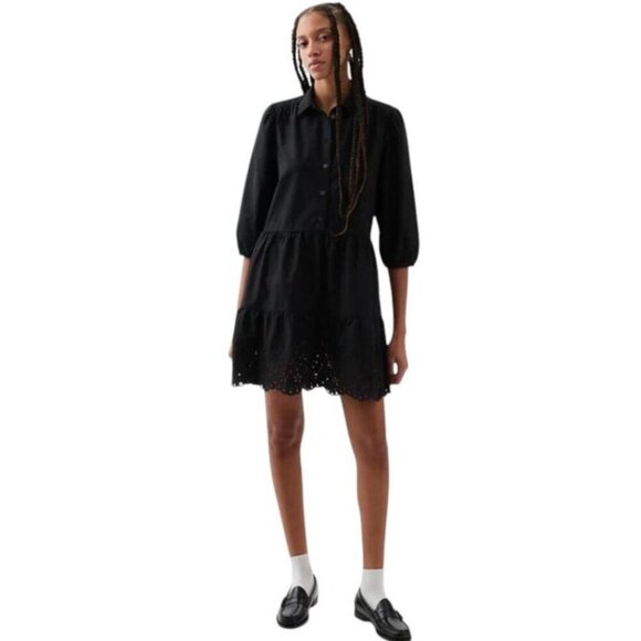 Gap Dresses & Skirts - Gap Elbow Sleeve Tiered Eyelet Shirtdress in Black Preppy Casual Women's Small P